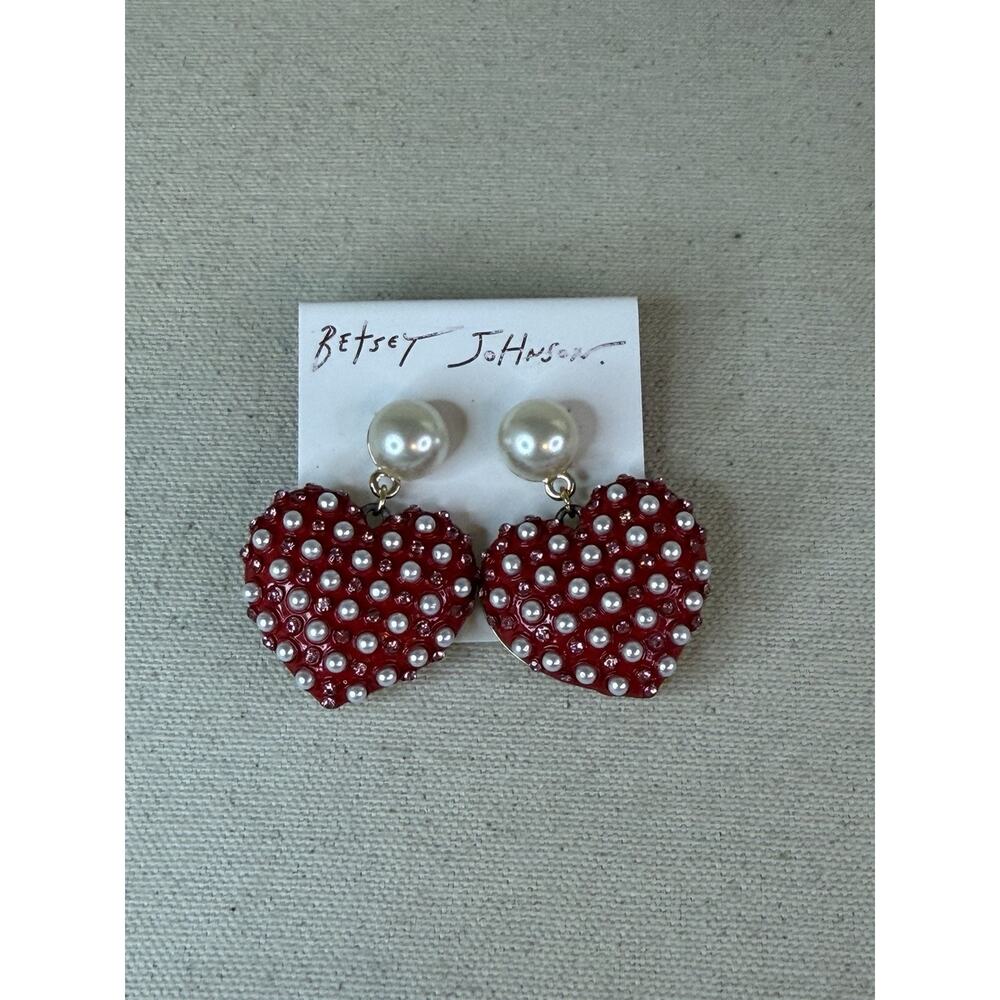 Betsey Johnson Red Heart w/Faux Pearl & Pink Rhinestone Accents Earrings NWT
